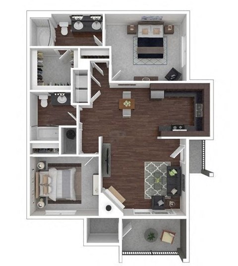 A floor plan of a house with a kitchen, living room, and bathrooms.